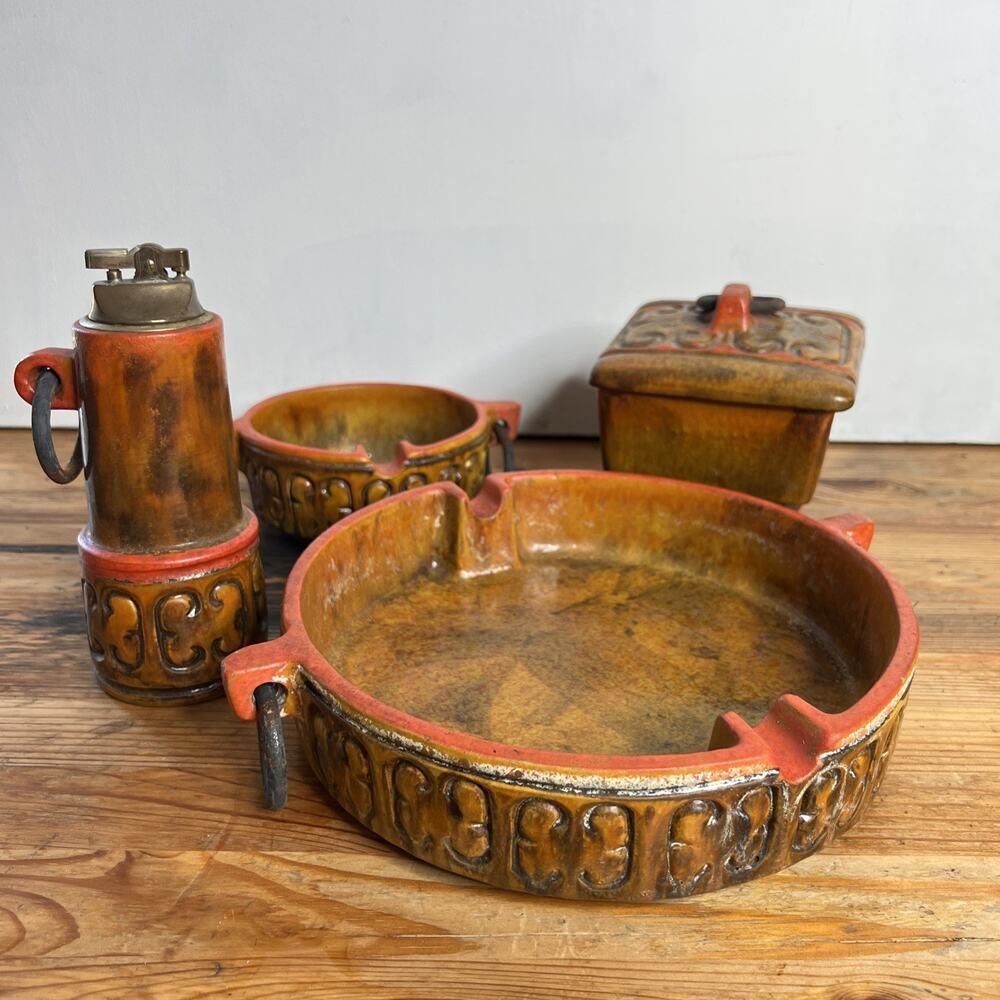 Bitossi RARE Alvino Bagni Raymor Italy • MCM Pottery Ashtray Smoking Set • 4 Pc